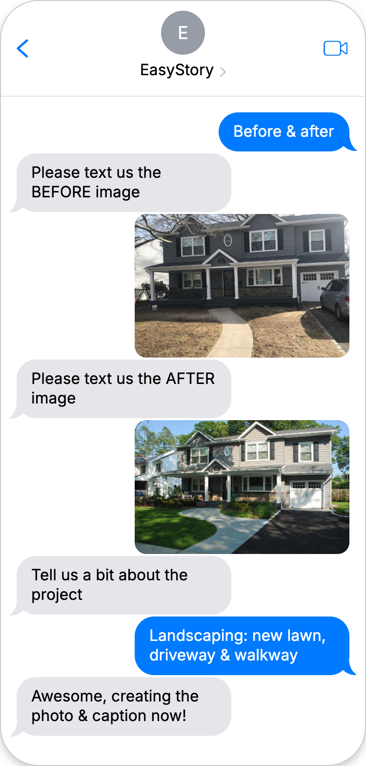 Mobile phone showing text message interface for sending before and after photos to EasyStory